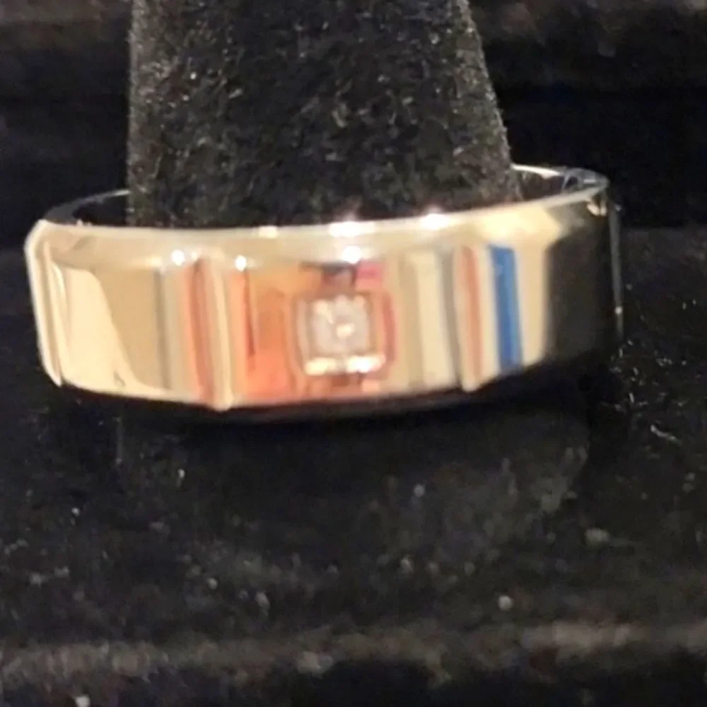 Geoffrey Beene Stainless Steel Beveled Polished Edge CZ Comfort Fit Ring